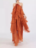 Robe Longue Mousseline — Col Licou, Volants & Mesh (Maxi Dress) - Bootiky