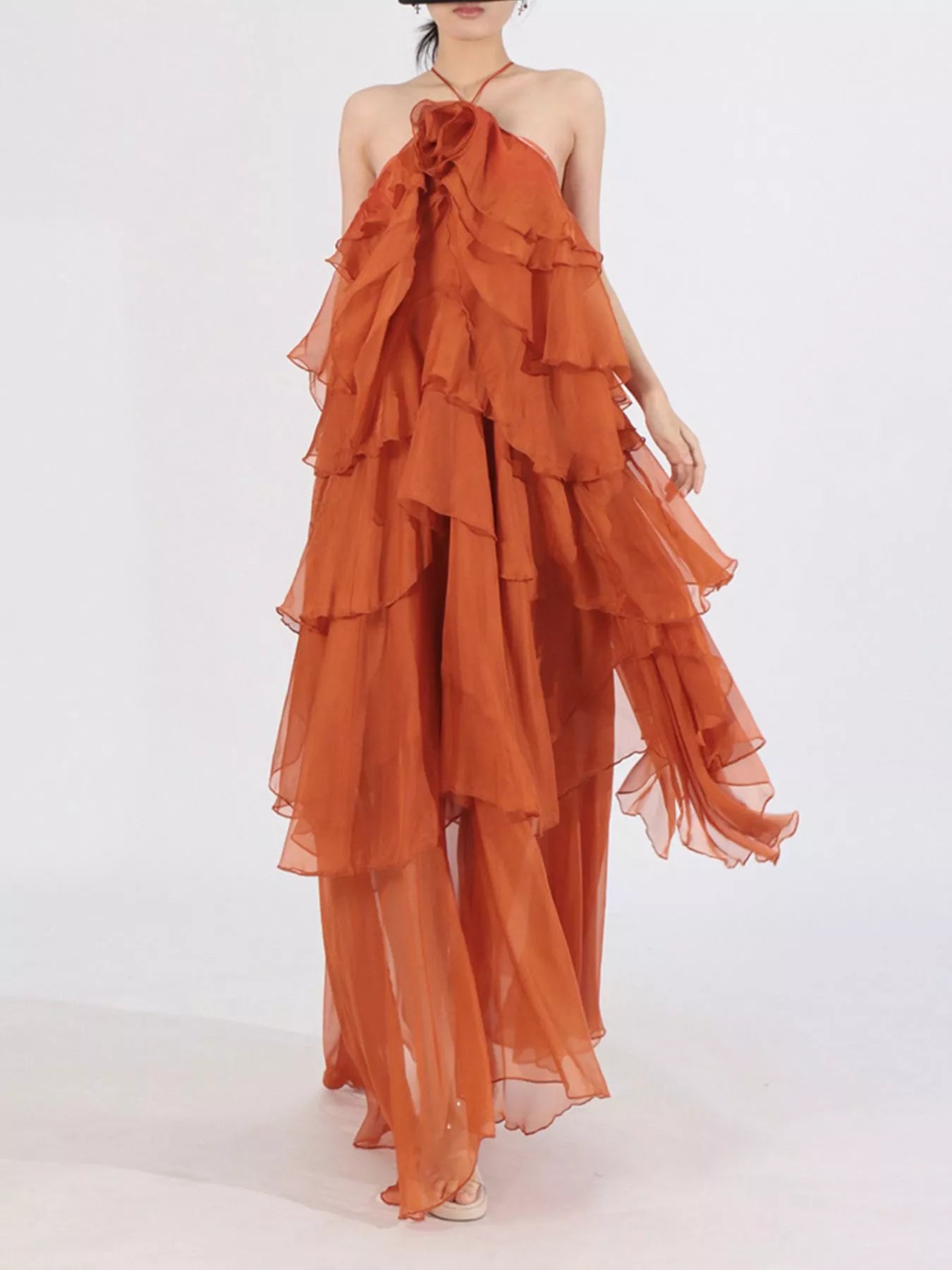 Robe Longue Mousseline — Col Licou, Volants & Mesh (Maxi Dress) - Bootiky
