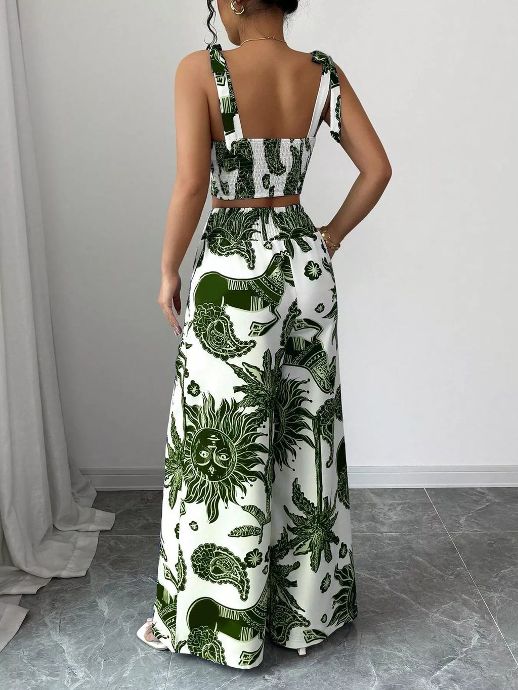 Ensemble crop top smocké imprimé floral & pantalon large femme – 3 coloris - Bootiky
