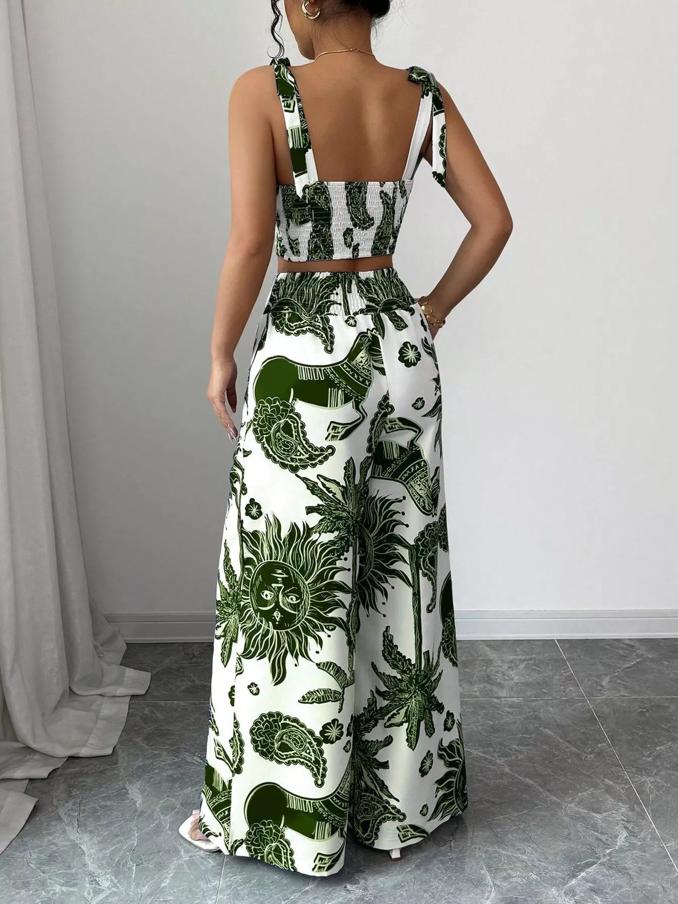 Ensemble crop top smocké imprimé floral & pantalon large femme – 3 coloris - Bootiky