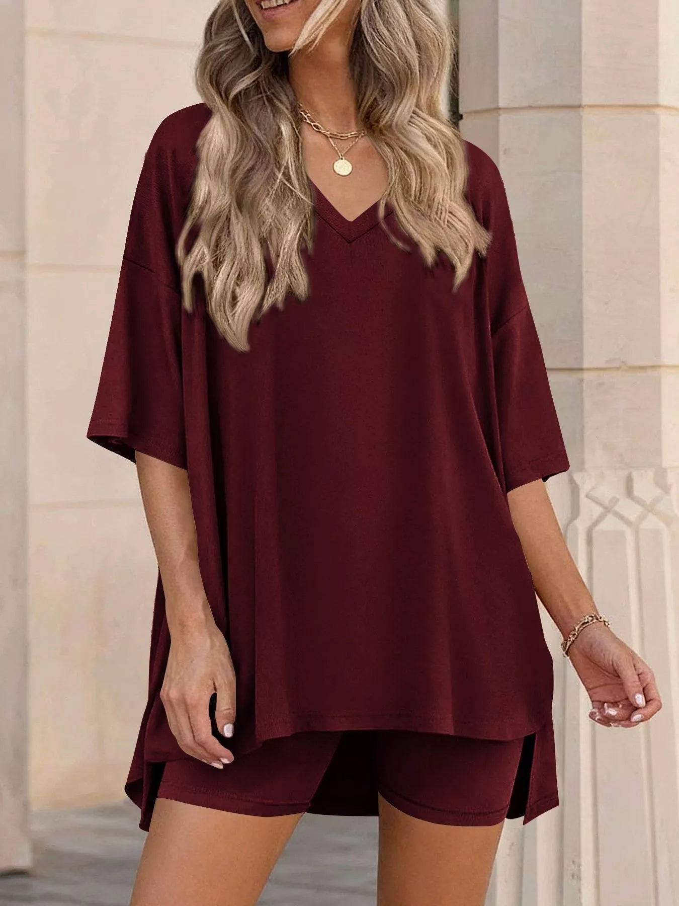 Ensemble t-shirt col V & short femme – 7 coloris, grande taille - Bootiky