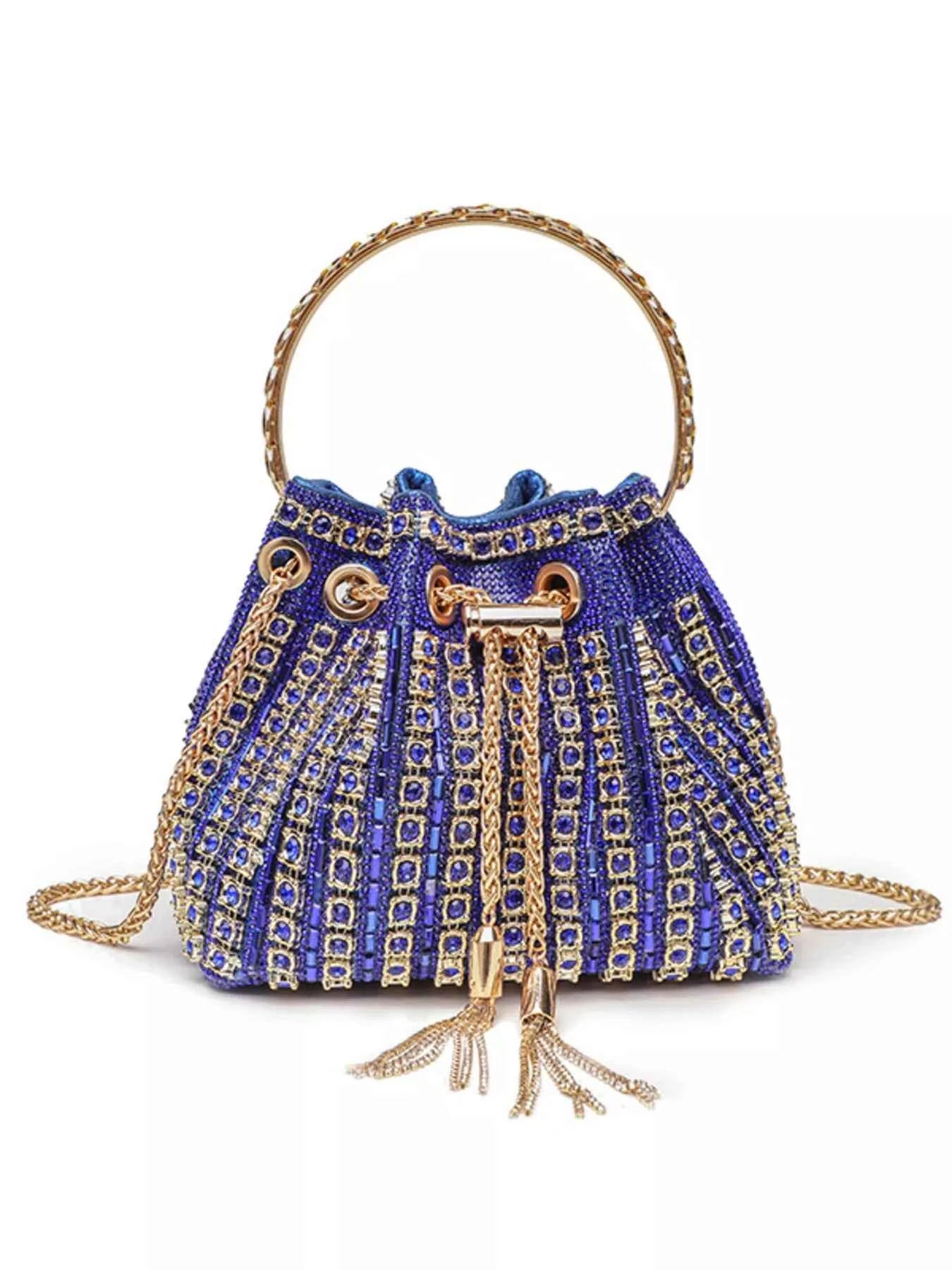 Elegant blue beaded bucket bag with gold chain handle and tassels, perfect for evening events and fashion accessories.