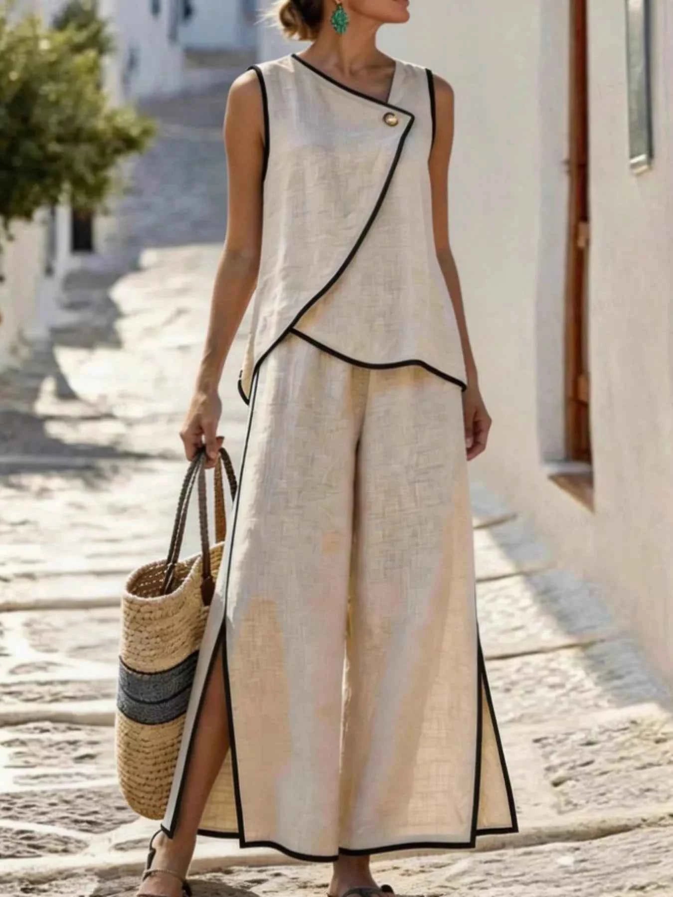 Ensemble top asymétrique liseré contrastant & pantalon fendu femme – 4 coloris - Bootiky