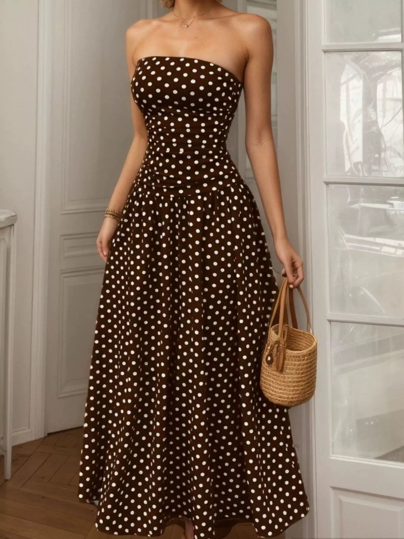 Robe Longue Bustier Retro Polka à Pois – Sans Bretelles, S à XL - Bootiky