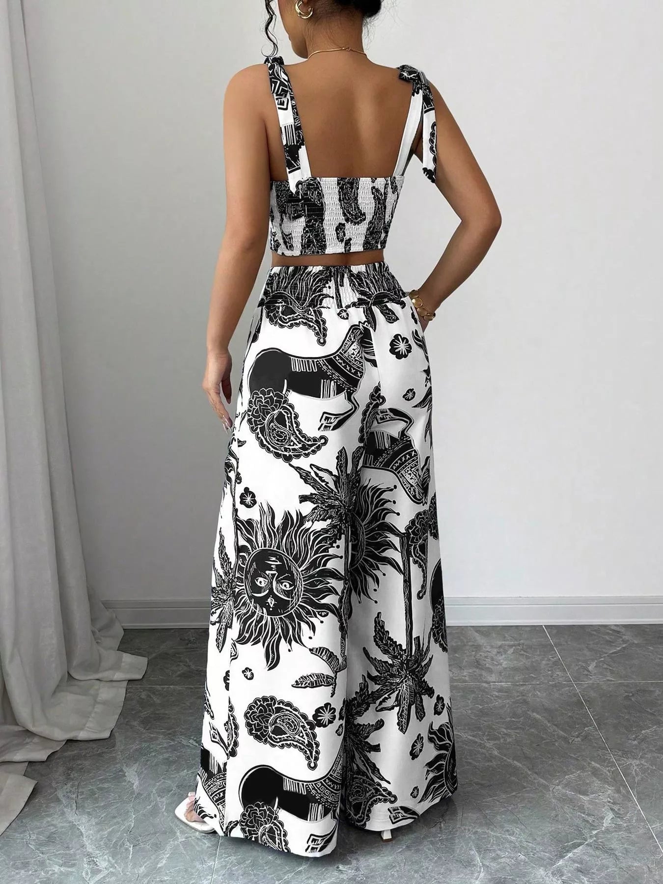 Ensemble crop top smocké imprimé floral & pantalon large femme – 3 coloris - Bootiky