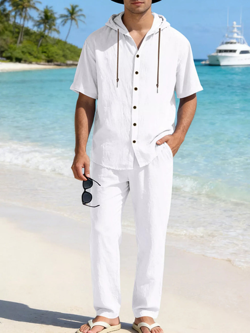 Ensemble Homme Lin — Haut à Capuche Boutonné & Pantalon Large - Bootiky
