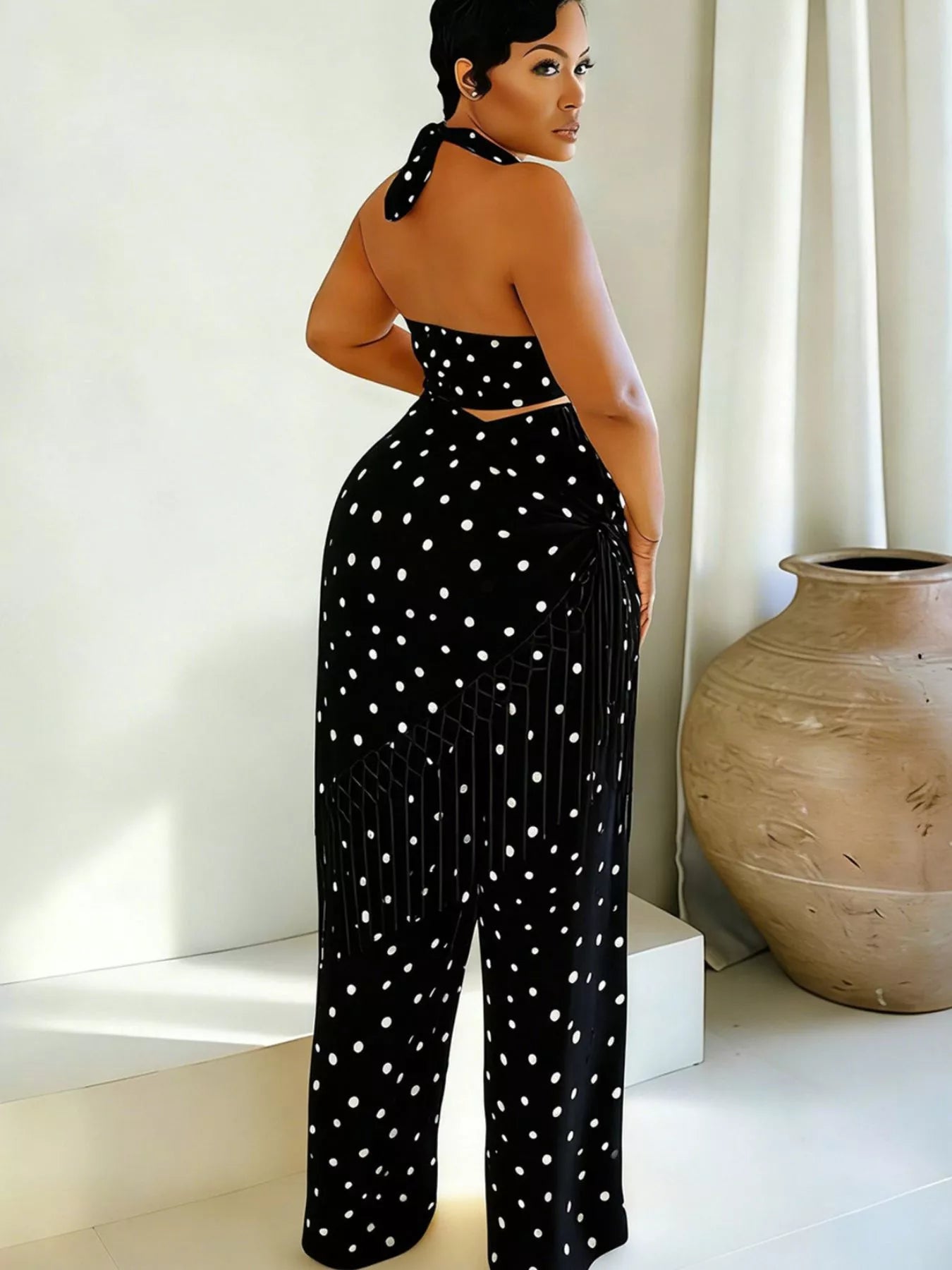 Ensemble cami halter pois & pantalon à franges – 3 coloris - Bootiky