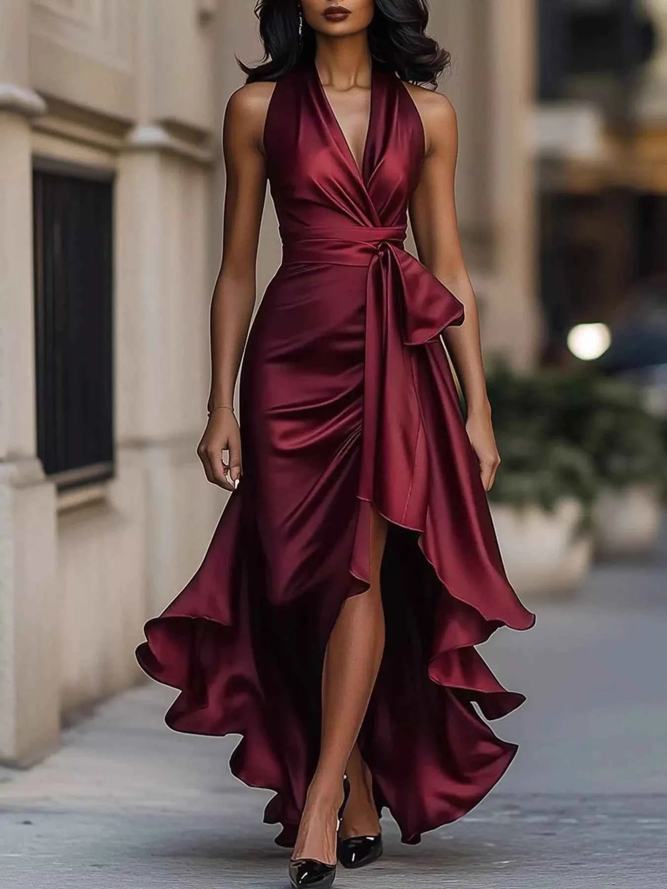 Robe Longue de Soirée Volants Riviera Col Licou – Fente, Ceinture, S à 2XL - Bootiky
