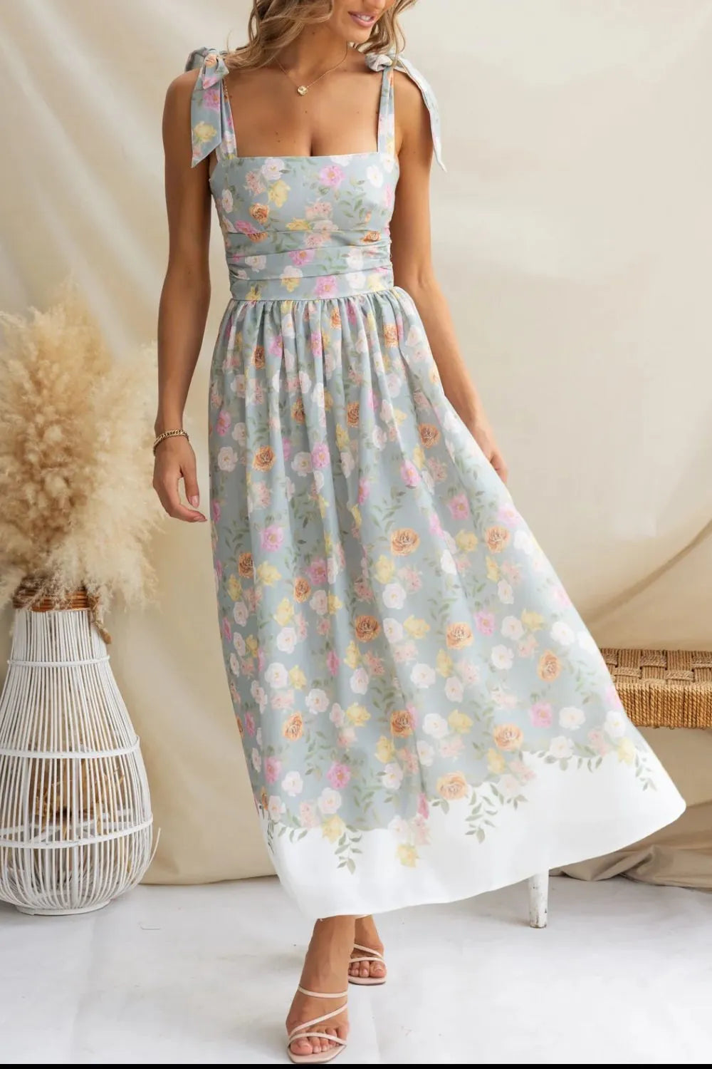 Robe Mi-Longue Imprimée — Bretelles Nouées & Buste Froncé (Midi) - Bootiky