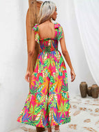 Robe Longue Bohème Oasis Buste Smocké Bretelles à Nouer – Volants, S à 2XL - Bootiky