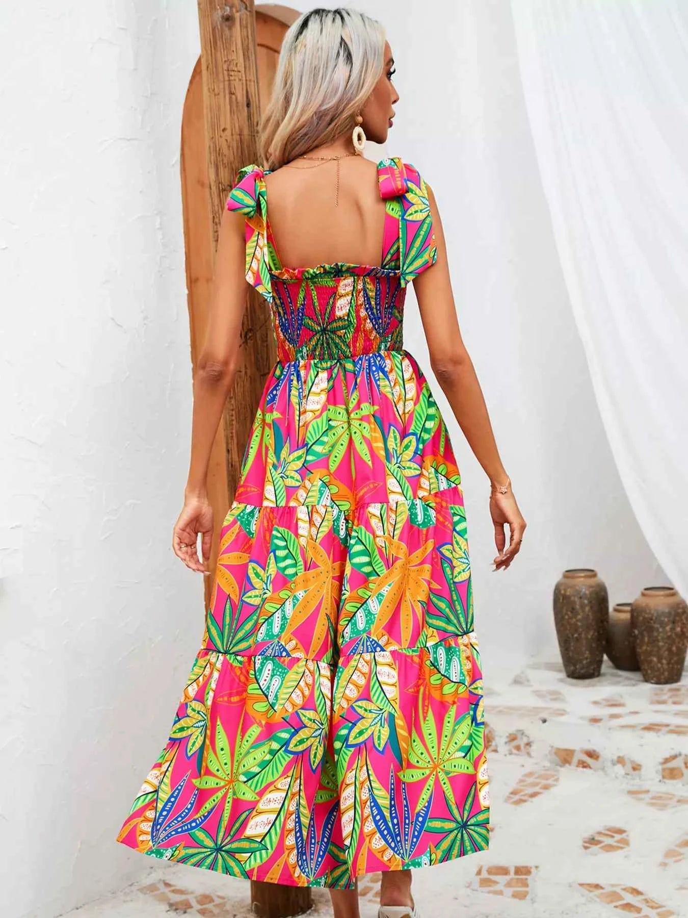 Robe Longue Bohème Oasis Buste Smocké Bretelles à Nouer – Volants, S à 2XL - Bootiky