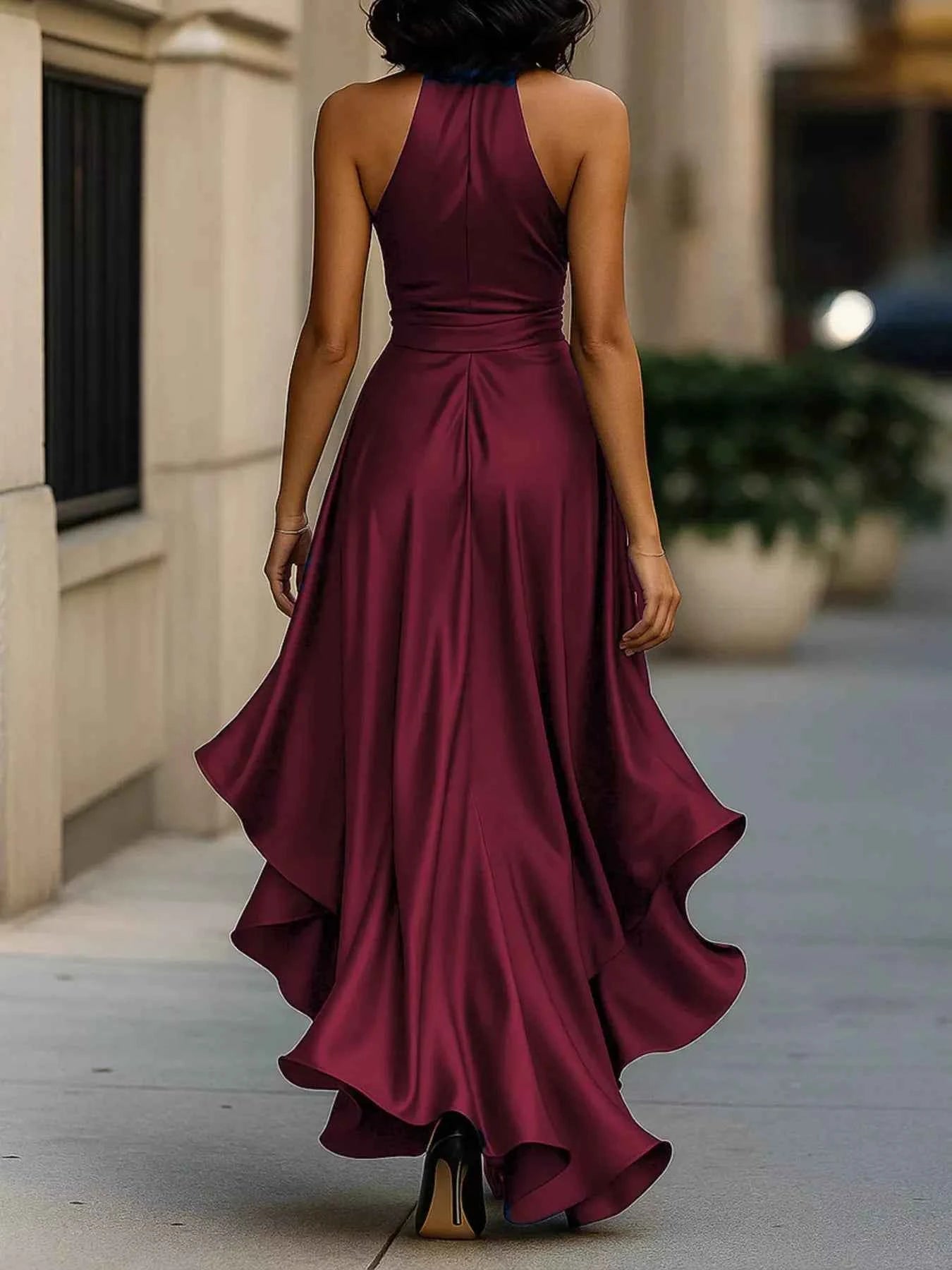 Robe Longue de Soirée Volants Riviera Col Licou – Fente, Ceinture, S à 2XL - Bootiky