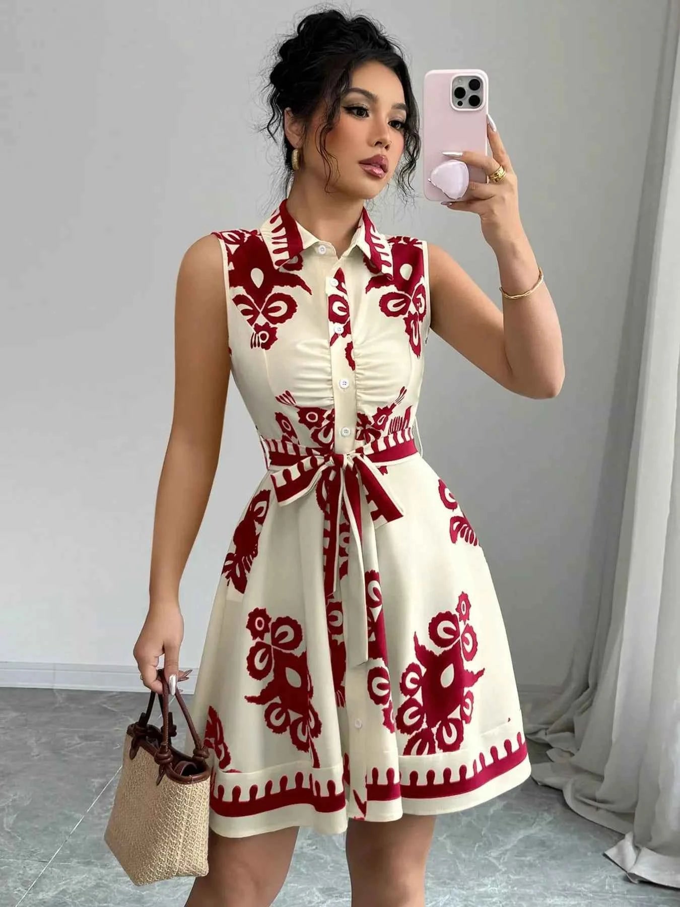 Robe d'Été Froncée Escale Sans Manches – Ceinture à Nouer, S à 2XL - Bootiky