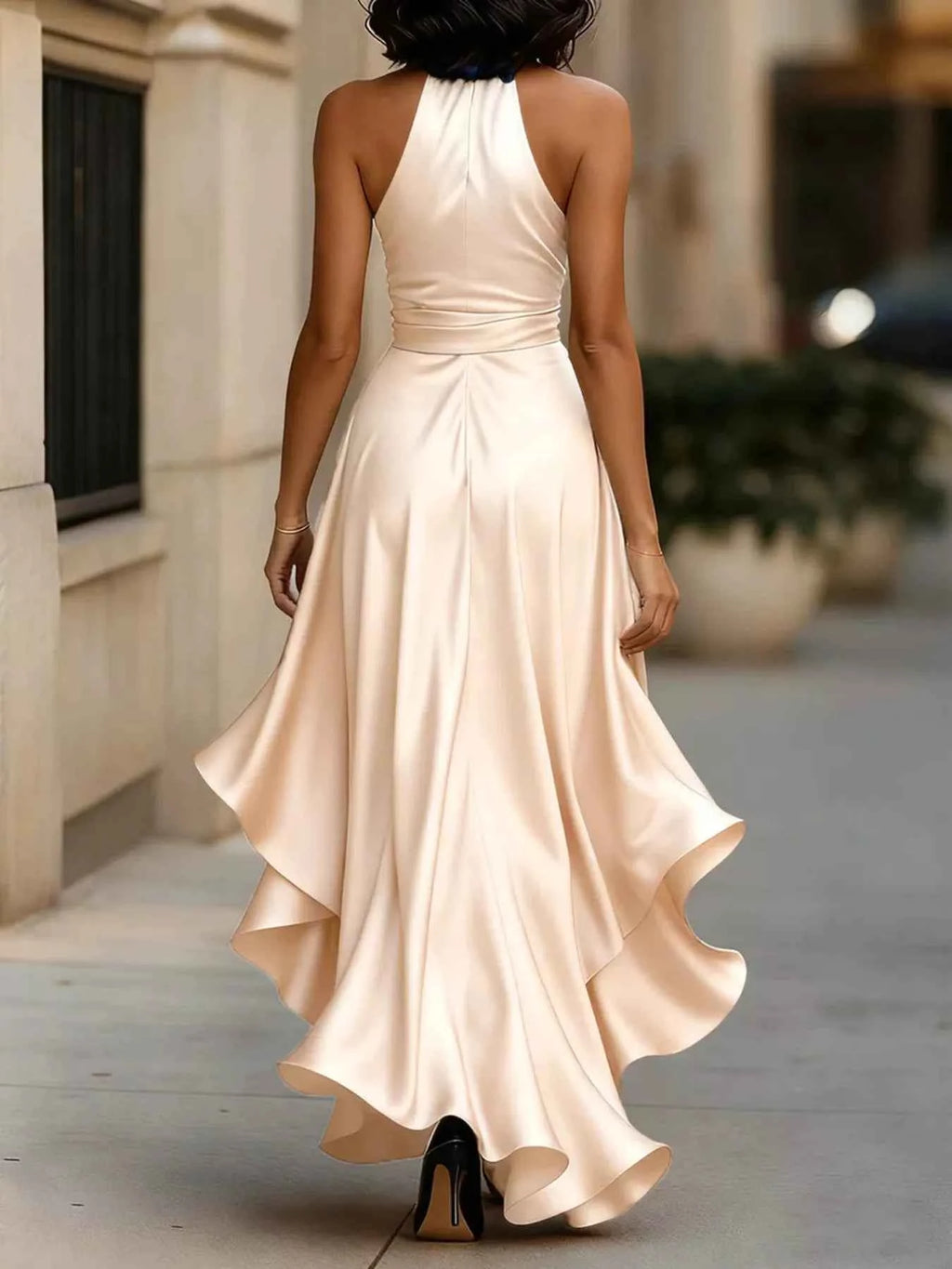 Robe Longue de Soirée Volants Riviera Col Licou – Fente, Ceinture, S à 2XL - Bootiky