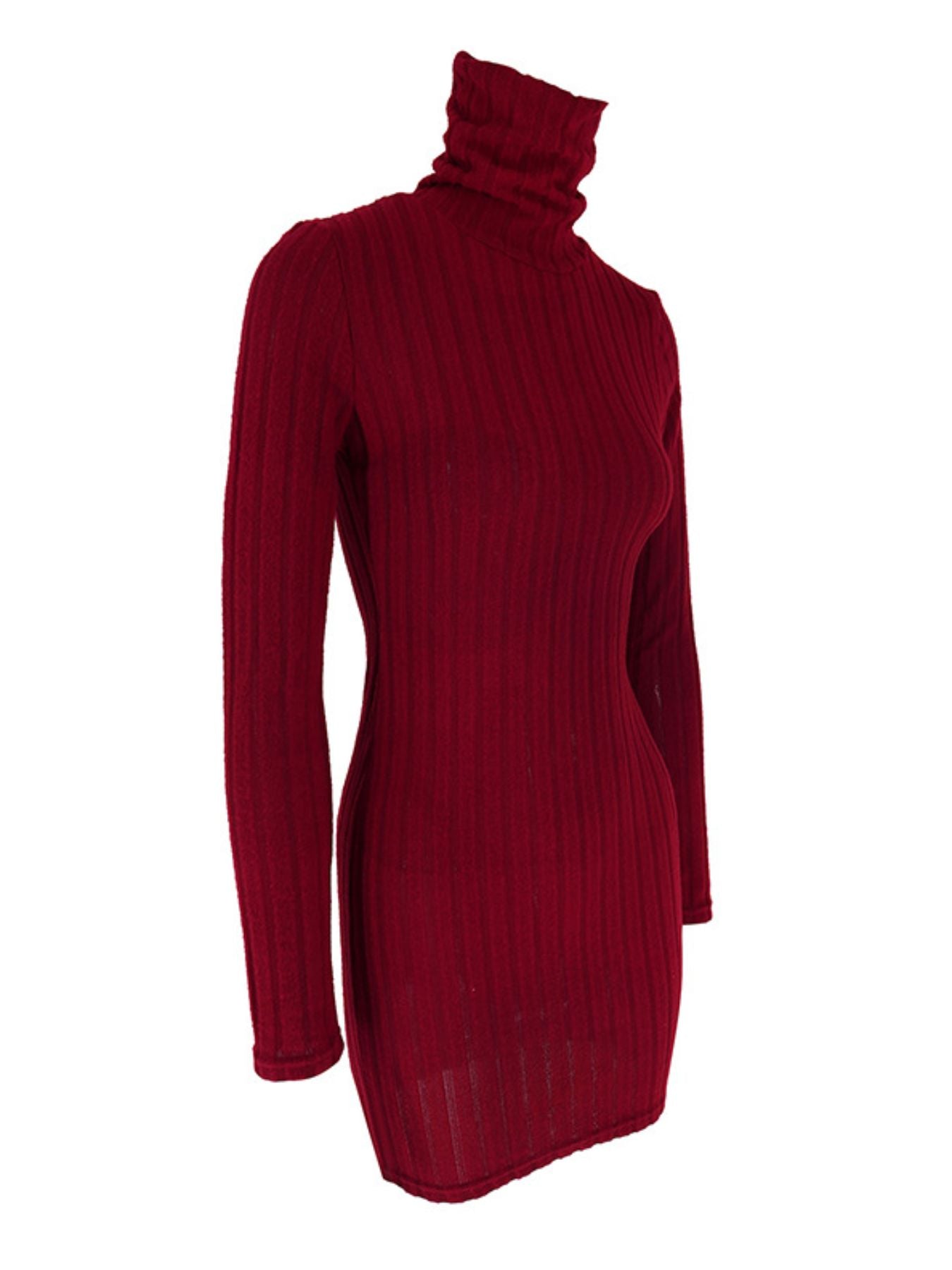Robe Courte Moulante — Maille Côtelée Col Roulé & Manches Longues - Bootiky