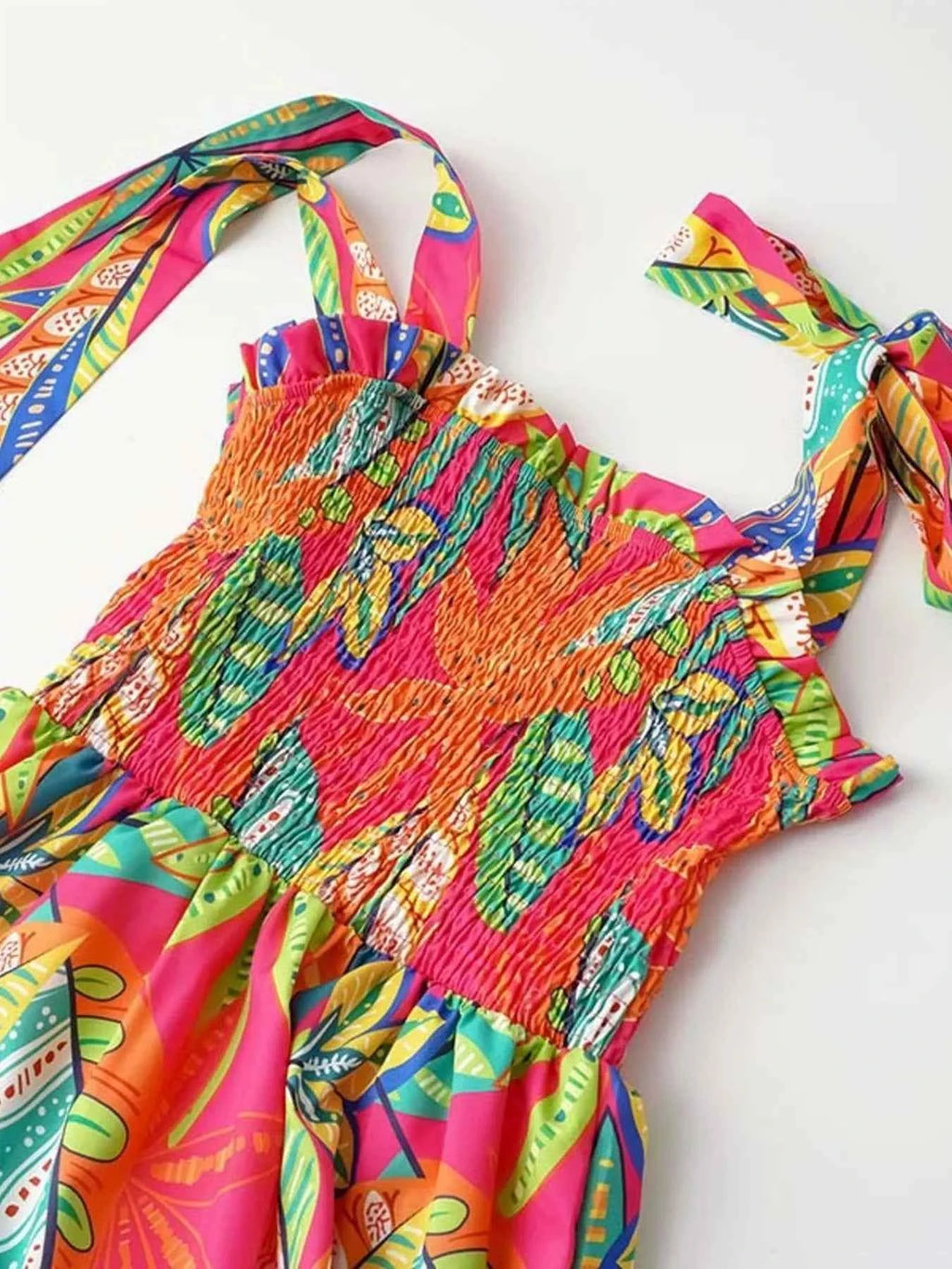 Robe Longue Bohème Oasis Buste Smocké Bretelles à Nouer – Volants, S à 2XL - Bootiky