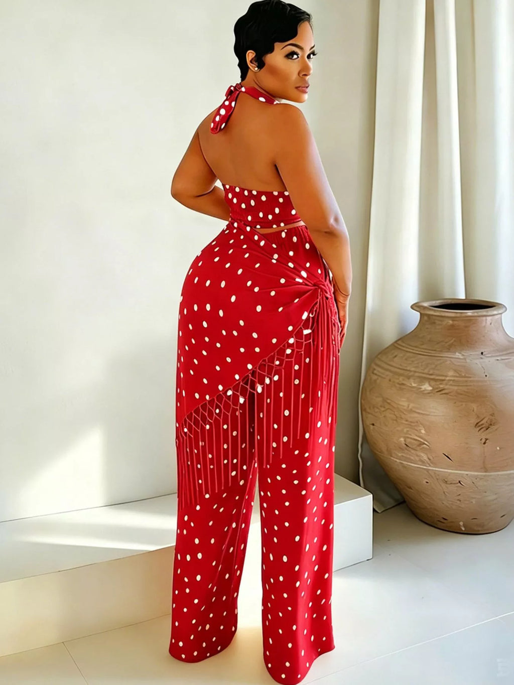 Ensemble cami halter pois & pantalon à franges – 3 coloris - Bootiky