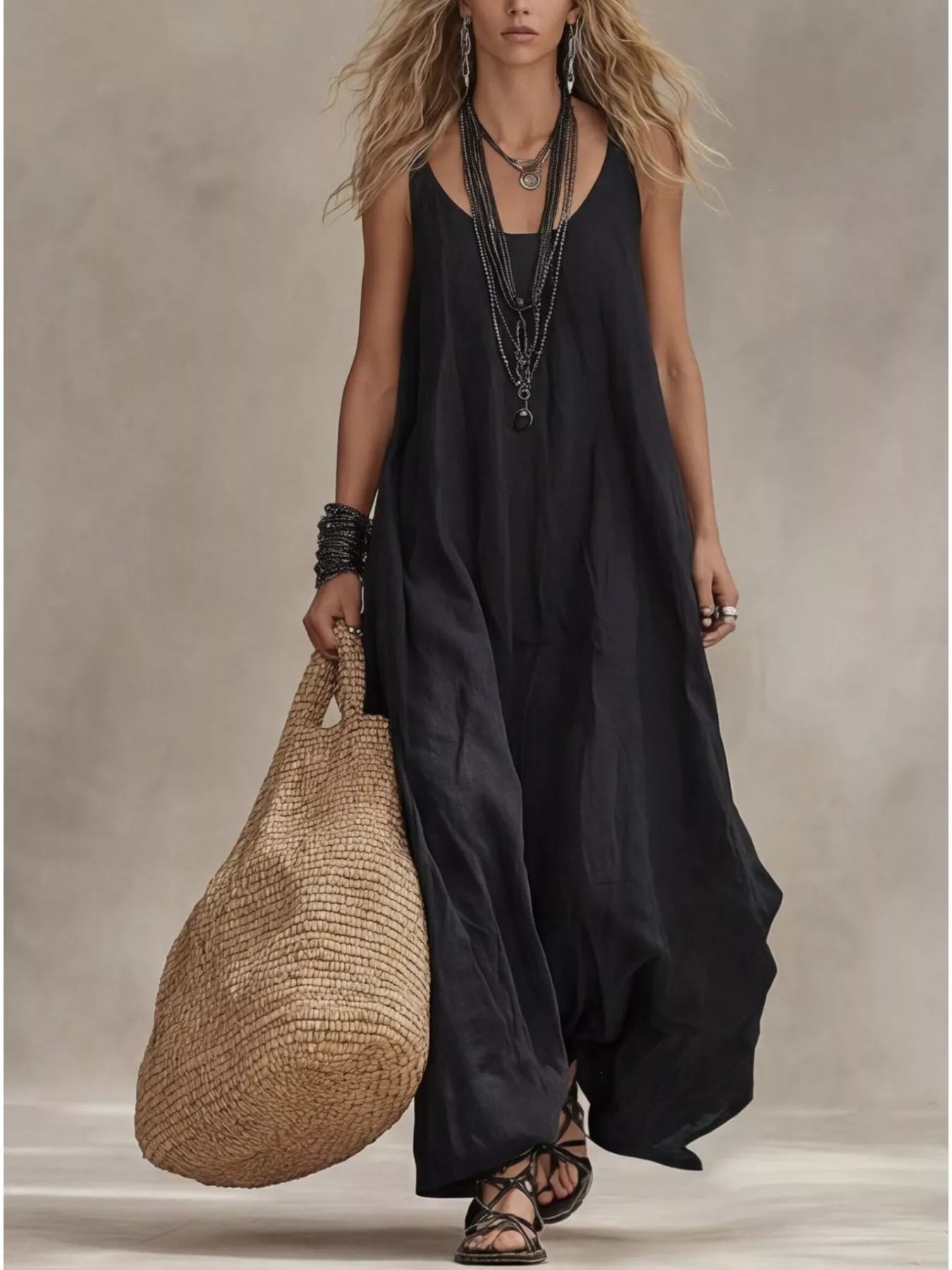 Robe Longue Fluide Sérénité Col Rond Dégagé – Grande Taille, S à 3XL - Bootiky