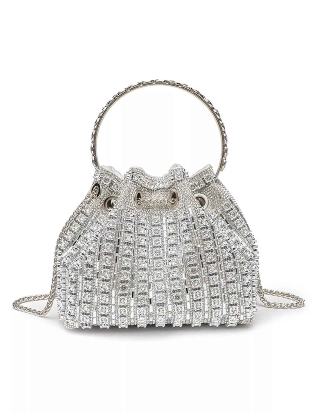 Sparkling silver rhinestone bucket bag with top handle and chain strap, elegant evening accessory