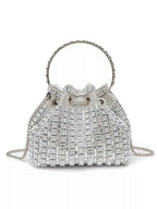 Sparkling silver rhinestone bucket bag with top handle and chain strap, elegant evening accessory