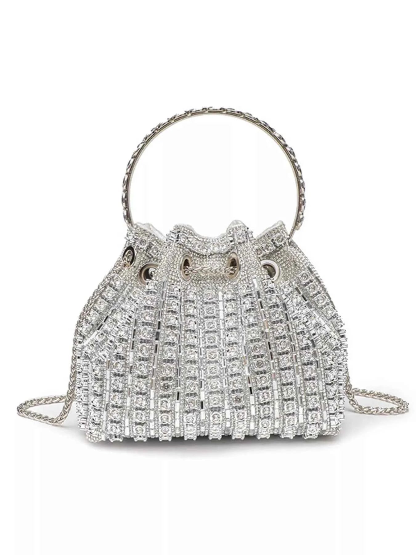 Sparkling silver rhinestone bucket bag with top handle and chain strap, elegant evening accessory