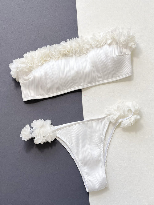 Bikini 2 Pièces Blanc — Brassière Applique & Dos Noué Taille Basse - Bootiky