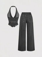 Ensemble deux pièces – Gilet halter en jean et pantalon wide-leg - Bootiky