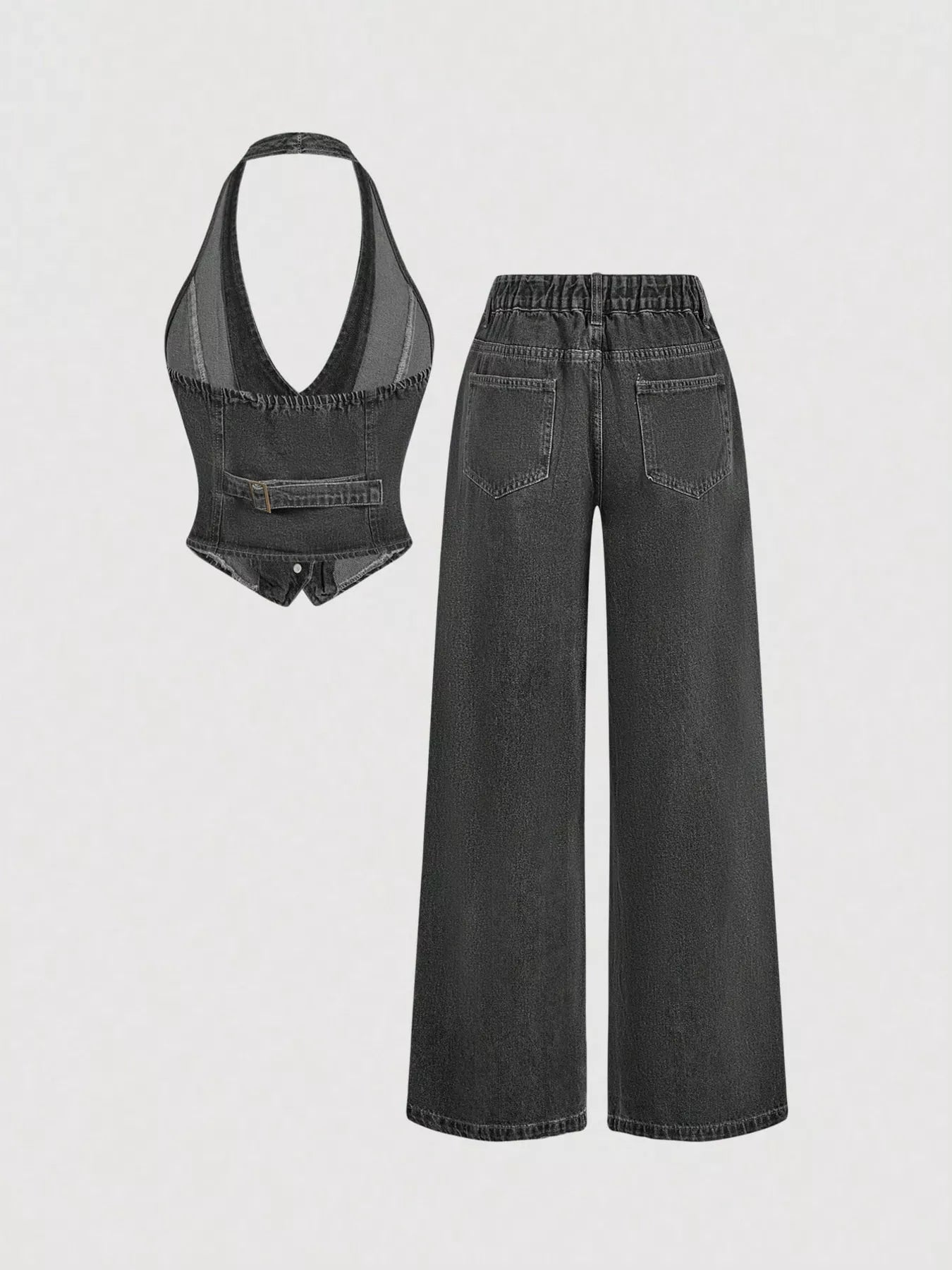 Ensemble deux pièces – Gilet halter en jean et pantalon wide-leg - Bootiky