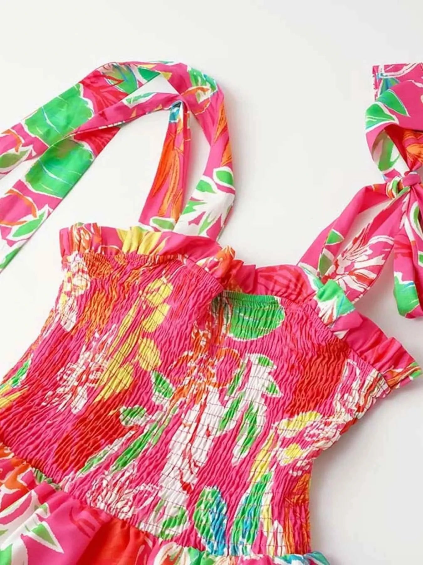Robe Longue Bohème Oasis Buste Smocké Bretelles à Nouer – Volants, S à 2XL - Bootiky