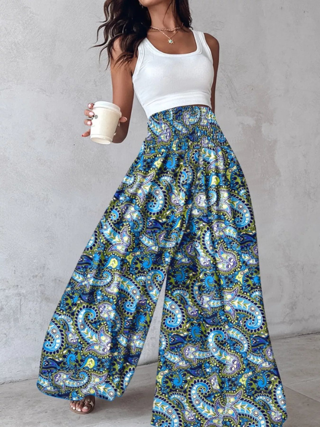 Pantalon Large Imprimé — Taille Smokée & Poches - Bootiky