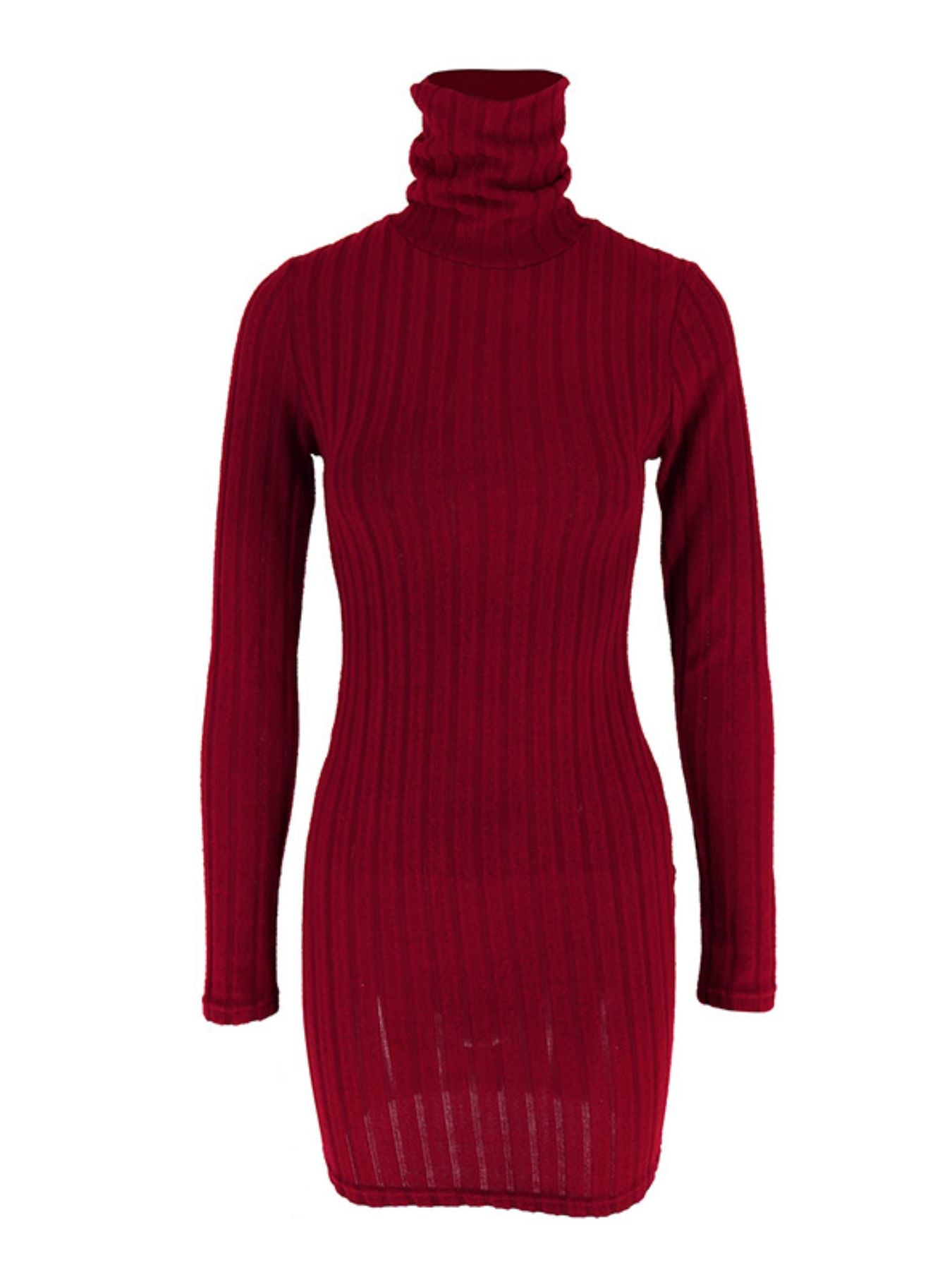 Robe Courte Moulante — Maille Côtelée Col Roulé & Manches Longues - Bootiky