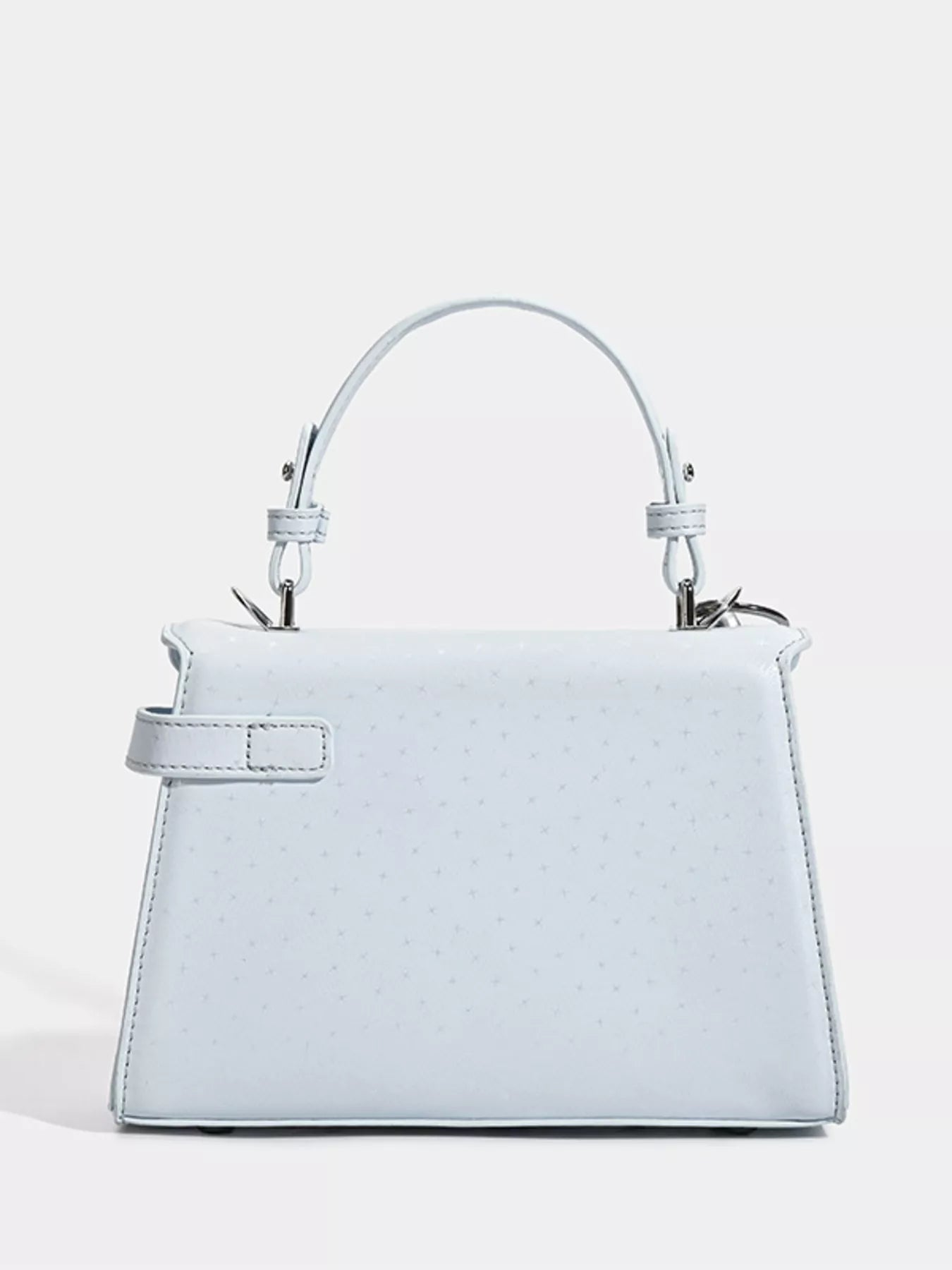 Light blue textured handbag with top handle and silver hardware, stylish fashion accessory