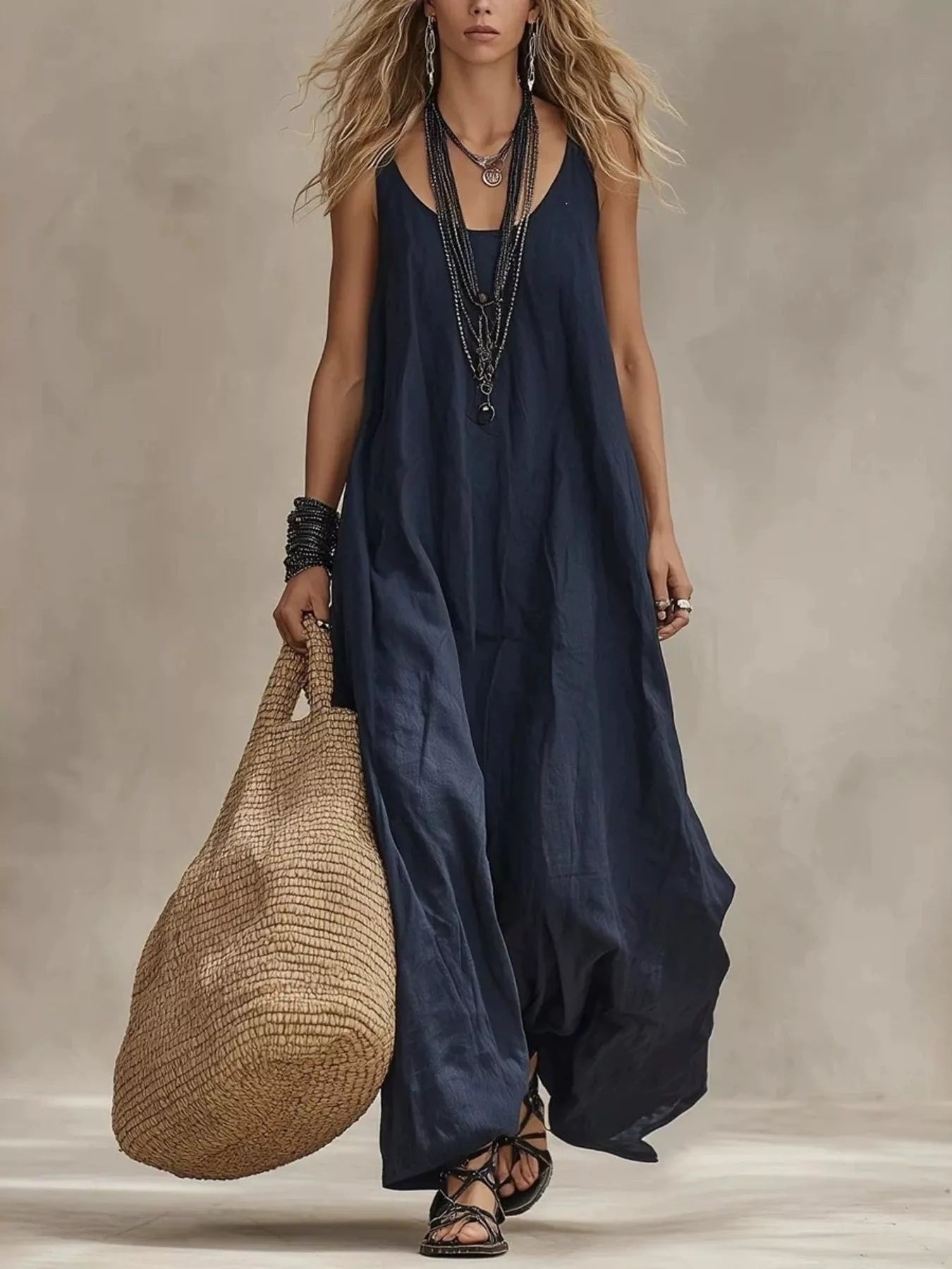 Robe Longue Fluide Sérénité Col Rond Dégagé – Grande Taille, S à 3XL - Bootiky
