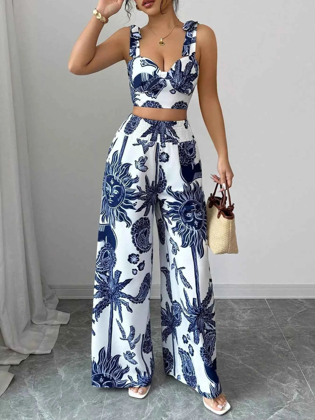 Ensemble crop top smocké imprimé floral & pantalon large femme – 3 coloris - Bootiky