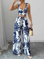 Ensemble crop top smocké imprimé floral & pantalon large femme – 3 coloris - Bootiky
