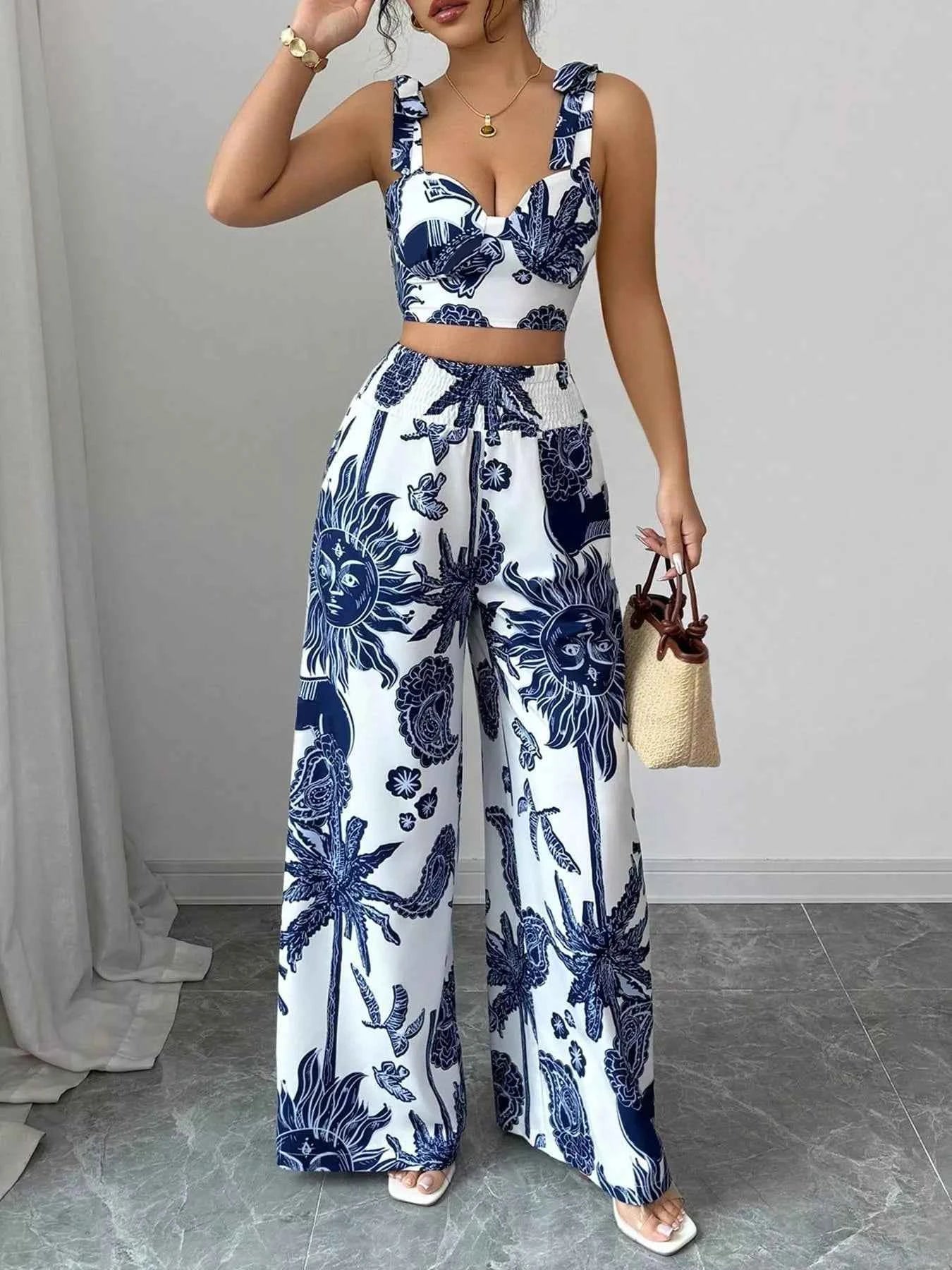 Ensemble crop top smocké imprimé floral & pantalon large femme – 3 coloris - Bootiky