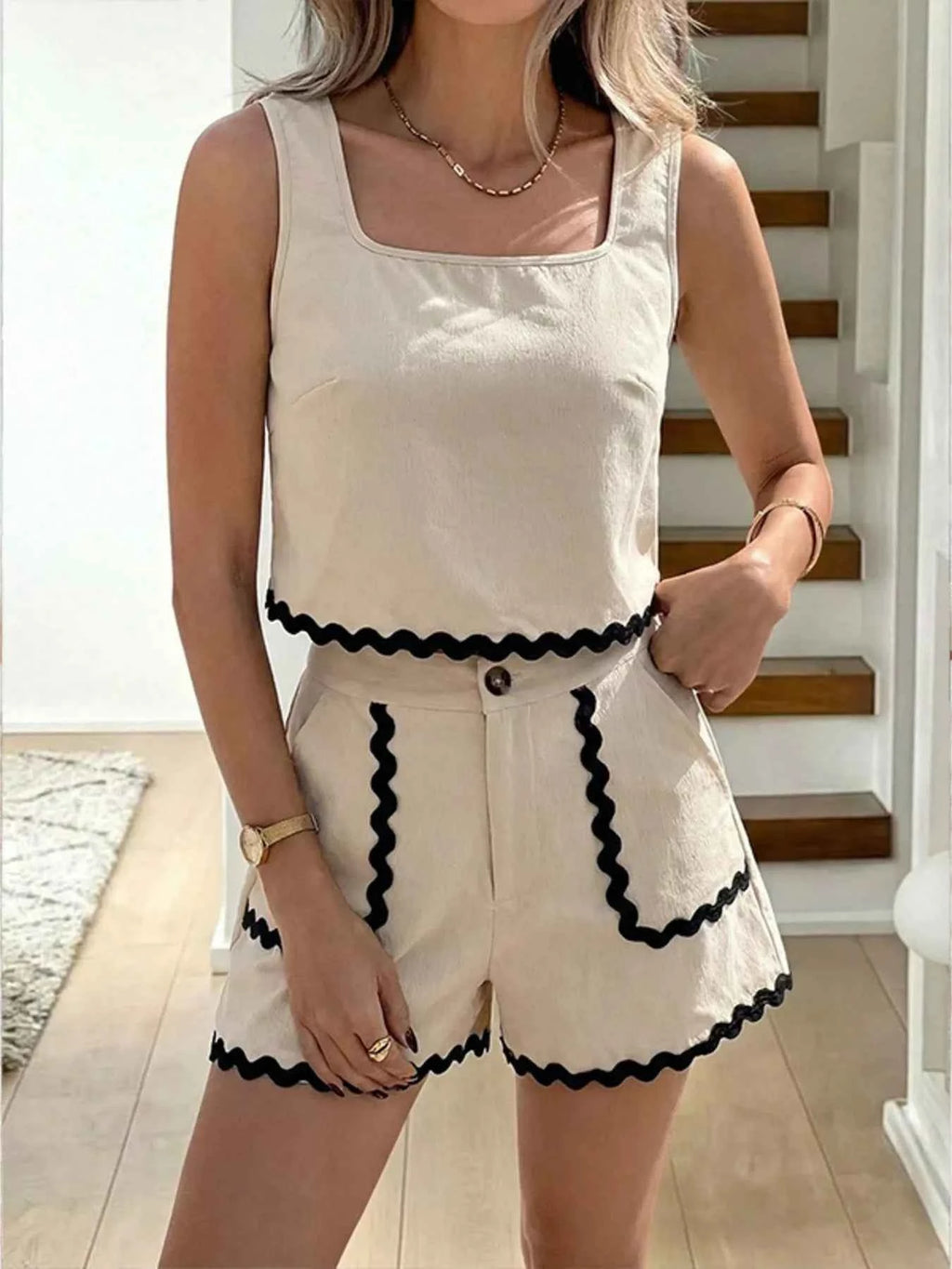 Ensemble tank top & short à bordure festonnée femme – coloris Apricot - Bootiky
