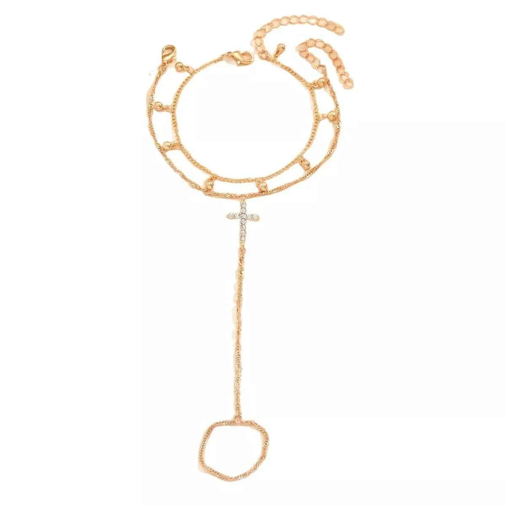 Bracelet Ex-Voto Chaîne Dorée & Croix Strass – Plaqué Or 18K, Ajustable ~18-23 cm - Bootiky