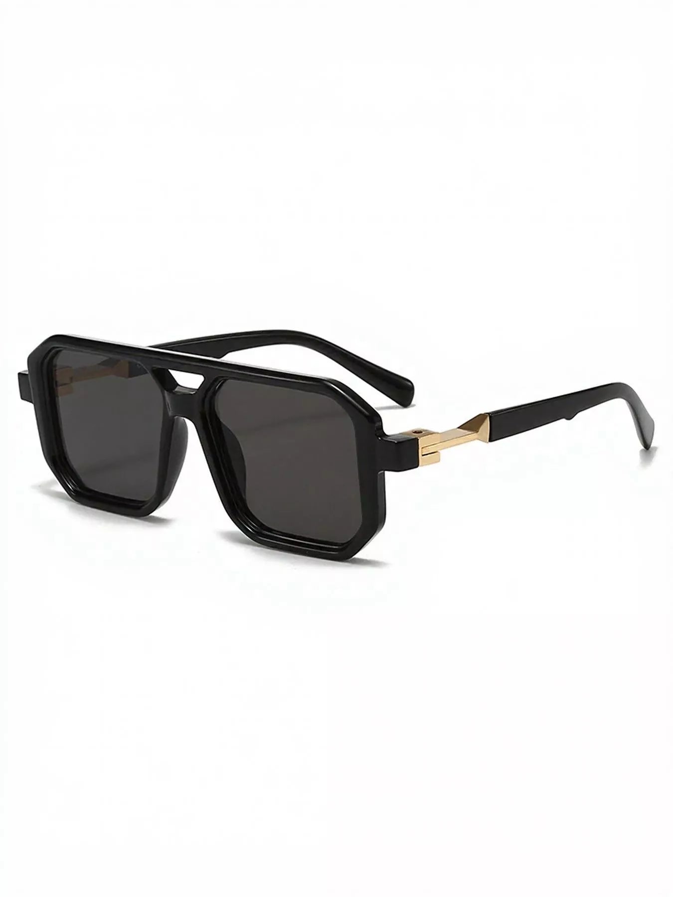 Black oversized square sunglasses with gold hinge detail, trendy fashion accessory