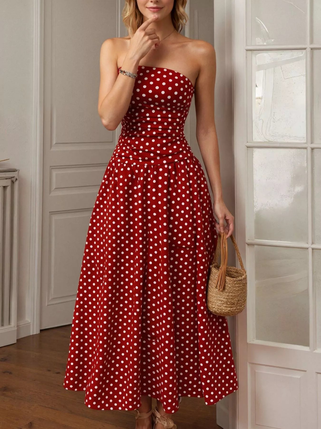 Robe Longue Bustier Retro Polka à Pois – Sans Bretelles, S à XL - Bootiky