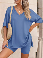 Ensemble t-shirt col V & short femme – 7 coloris, grande taille - Bootiky