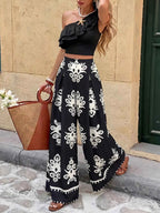 Ensemble crop top à volant épaule asymétrique & pantalon large imprimé femme - Bootiky