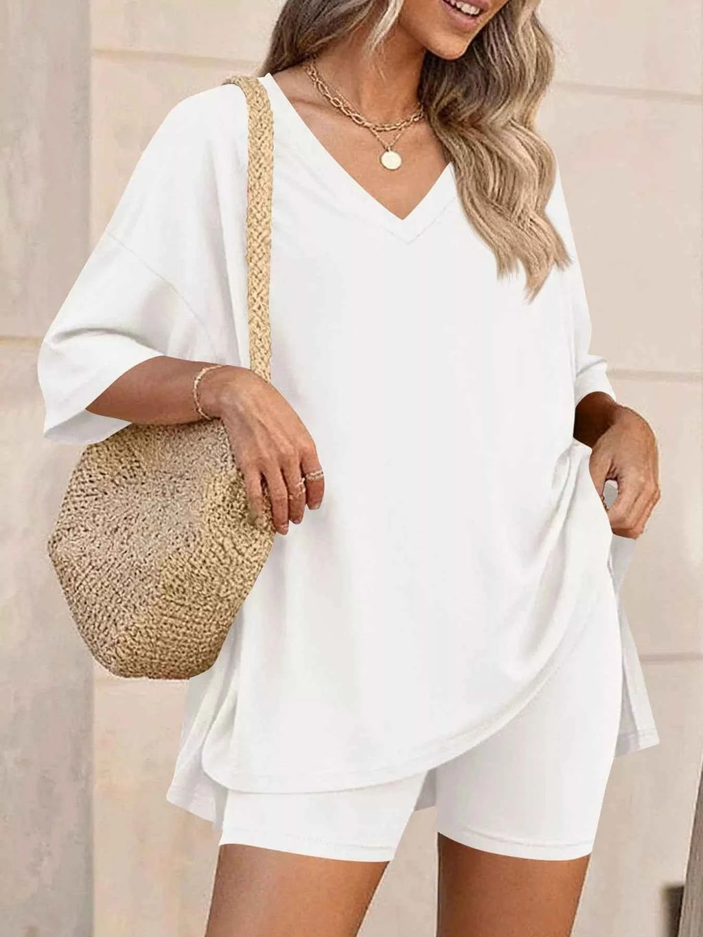 Ensemble t-shirt col V & short femme – 7 coloris, grande taille - Bootiky