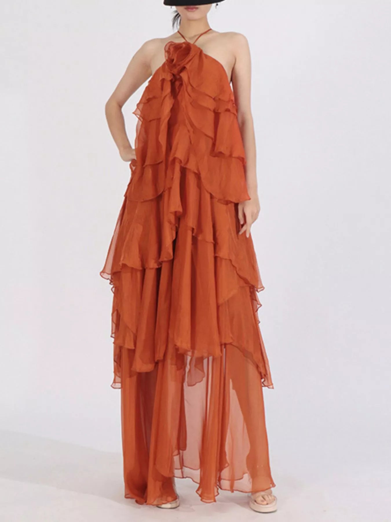 Robe Longue Mousseline — Col Licou, Volants & Mesh (Maxi Dress) - Bootiky