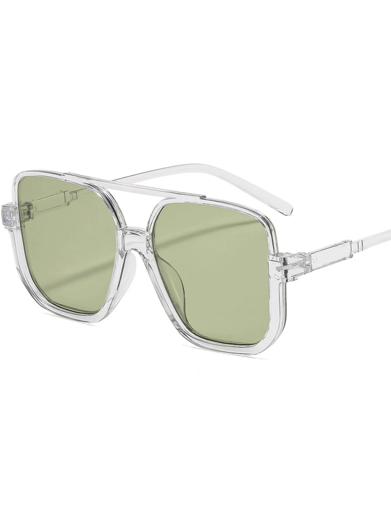 Clear frame sunglasses with green lenses, trendy fashion accessory for women
