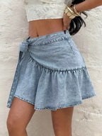 Jupe en Jean Taille Haute à Volants & Nœud Papillon – Fronces, Fermeture Éclair, XS-L - Bootiky