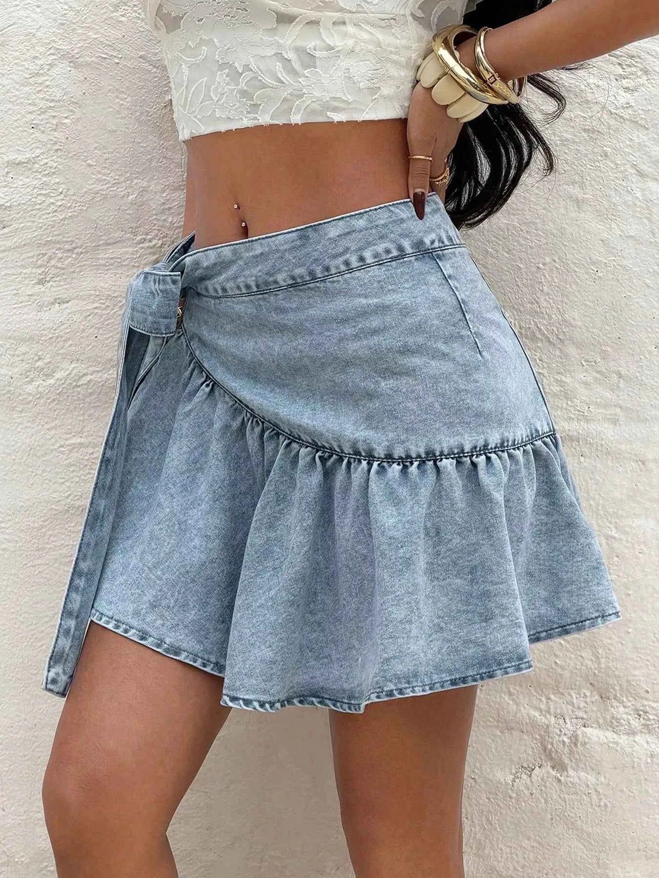 Jupe en Jean Taille Haute à Volants & Nœud Papillon – Fronces, Fermeture Éclair, XS-L - Bootiky