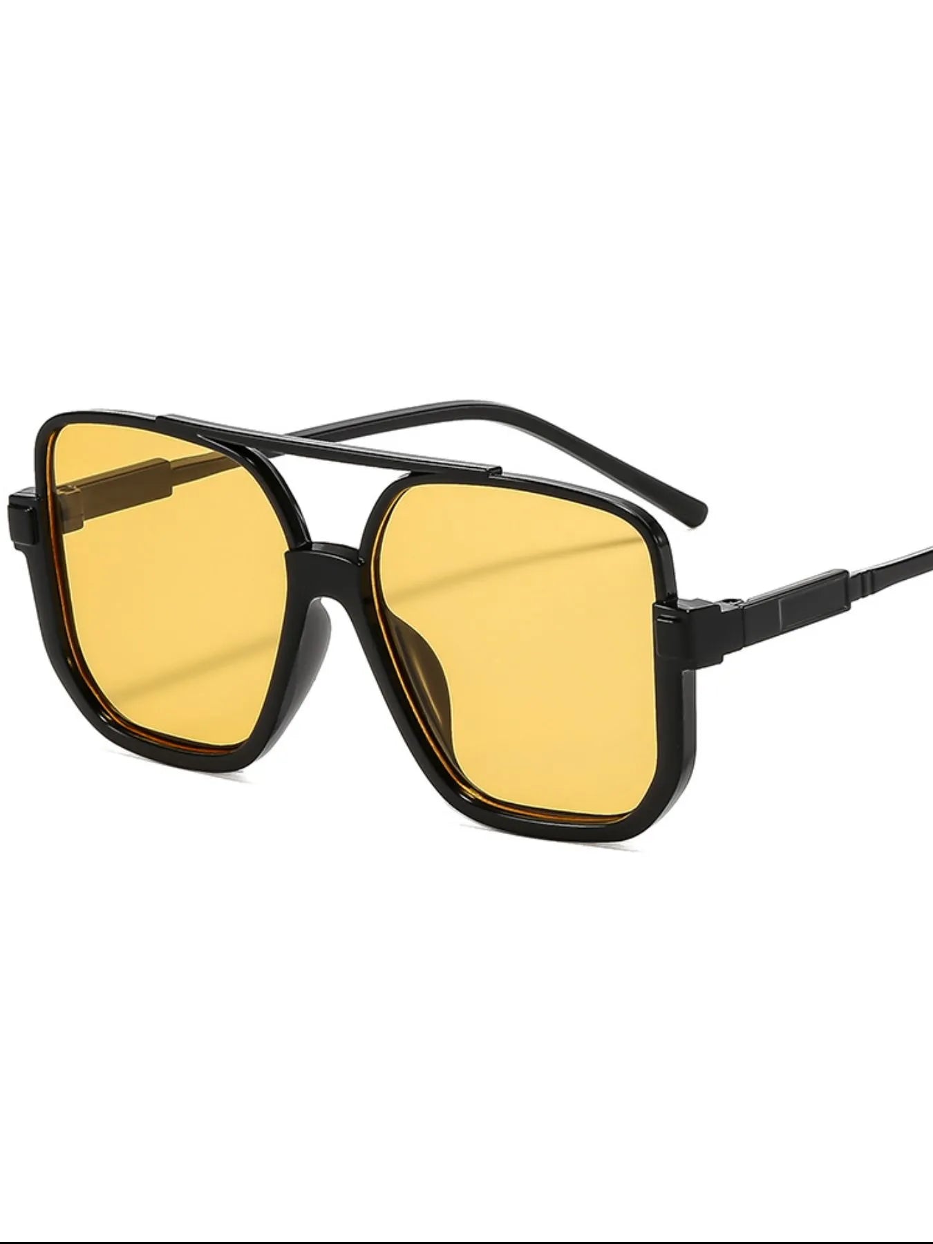 Stylish black square sunglasses with yellow lenses, trendy fashion accessory for women and men