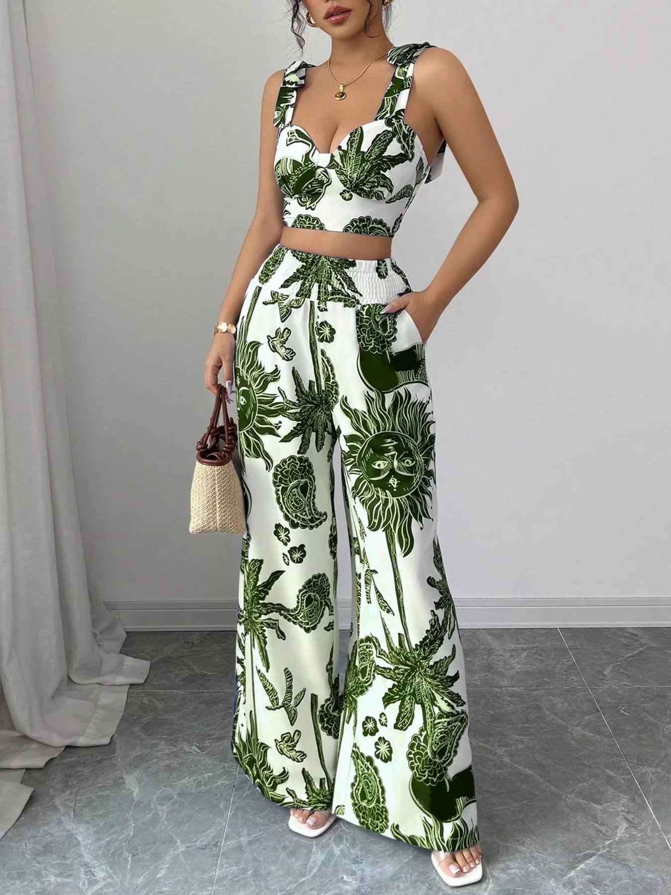 Ensemble crop top smocké imprimé floral & pantalon large femme – 3 coloris - Bootiky