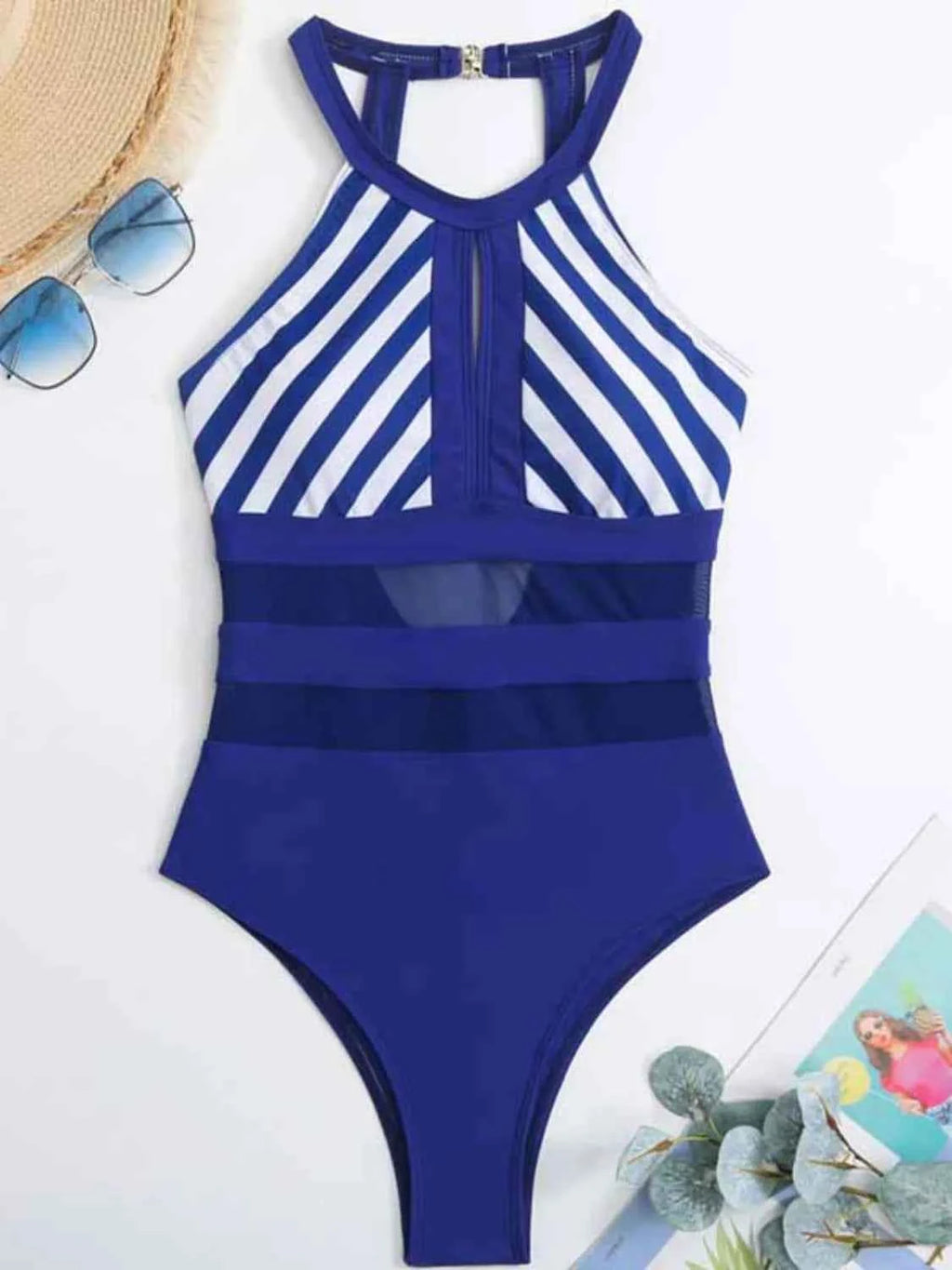 Maillot de Bain Une Pièce Rayé — Dos Nu & Détails Mesh - Bootiky